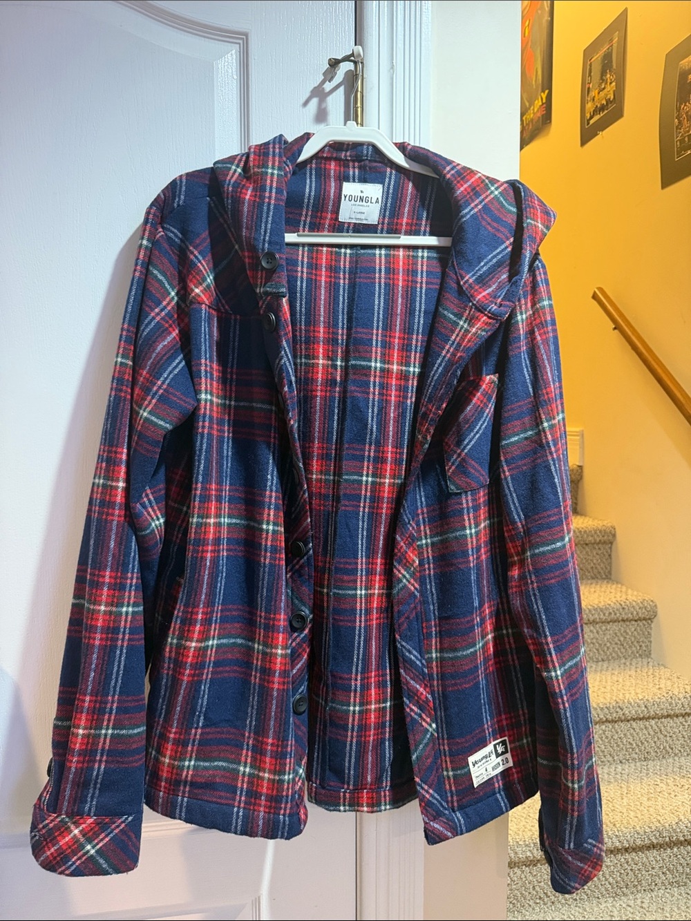Mens XL YoungLA Navy & Red Plaid Hooded Flannel Jacket
